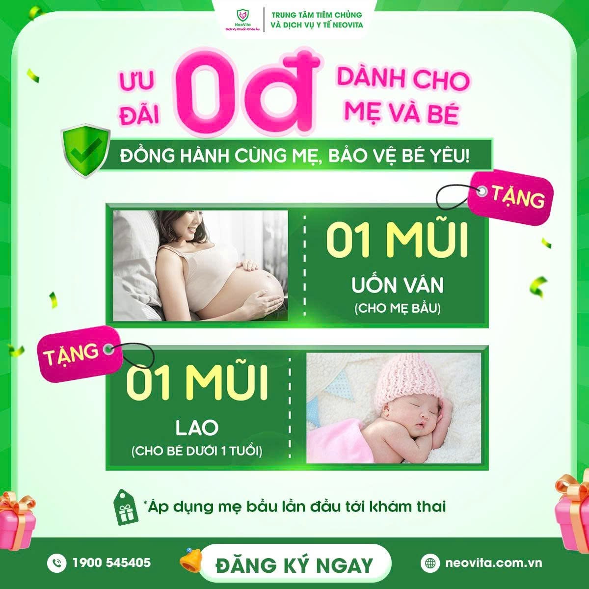 NEOVITA TẶNG VẮC XIN PHÒNG LAO, UỐN VÁN – ƯU ĐÃI CHĂM SÓC SỨC KHỎE MẸ VÀ BÉ