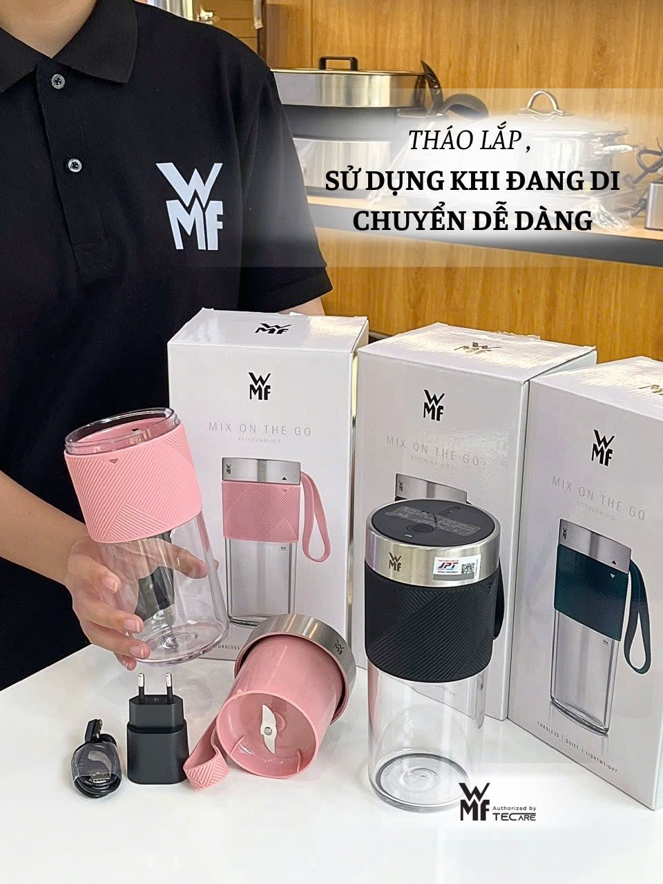 WMF máy xay sinh tố Mix On The Go (đen, hồng, xanh). Quà tặng: 01 túi vải WMF + Bộ ống hút thủy tinh