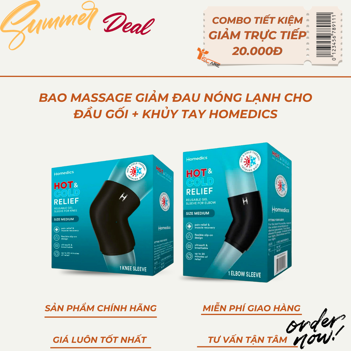 [COMBO MÙA HÈ] 2 Bao Massage Gel Giảm Đau Nóng Lạnh Homedics Đầu Gối + Khuỷu Tay