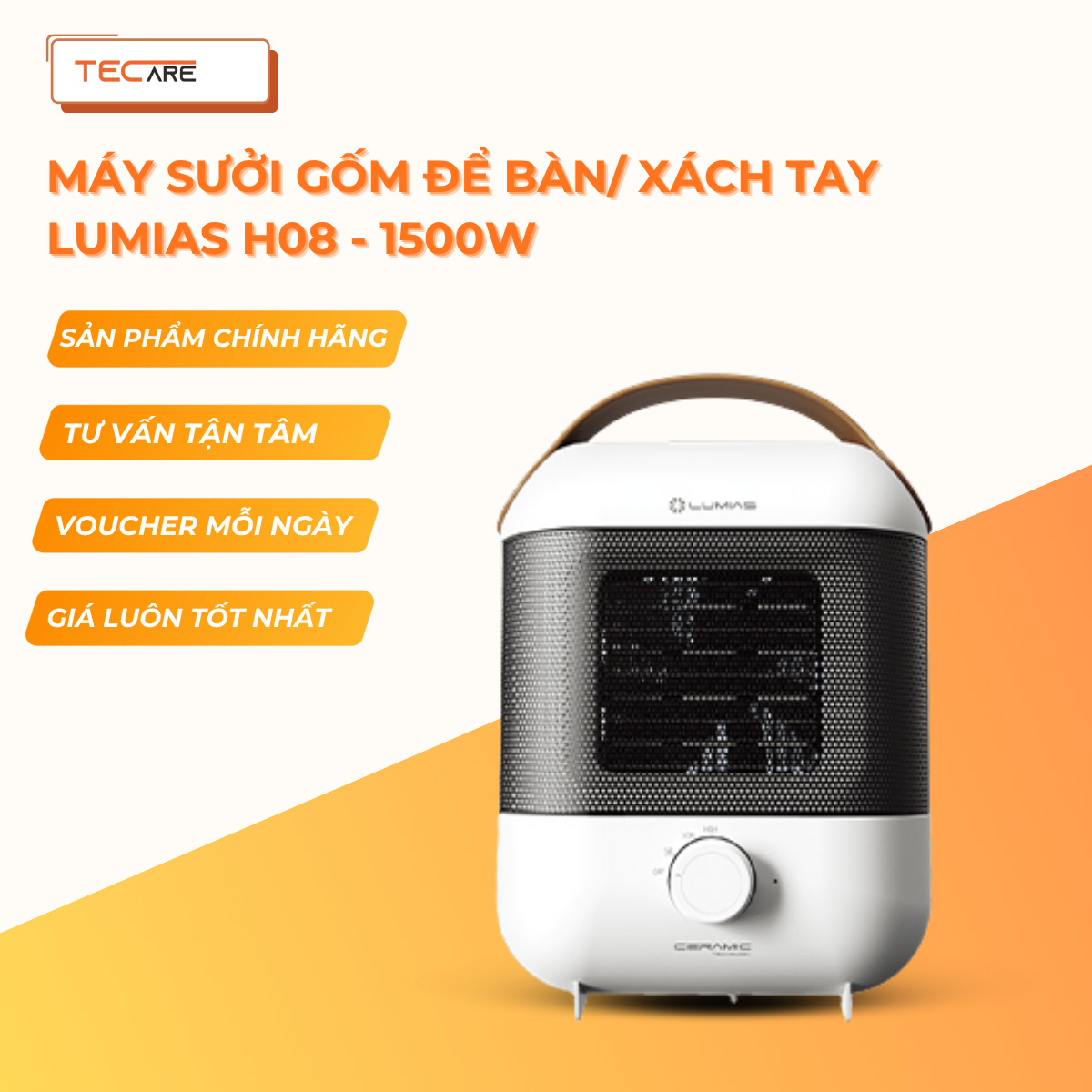 Lumias Máy sưởi gốm để bàn, xách tay H08 - 1500W