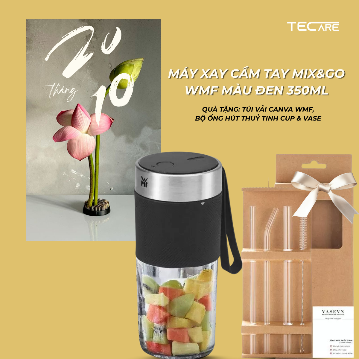 WMF máy xay sinh tố Mix On The Go (đen, hồng, xanh). Quà tặng: 01 túi vải WMF + Bộ ống hút thủy tinh