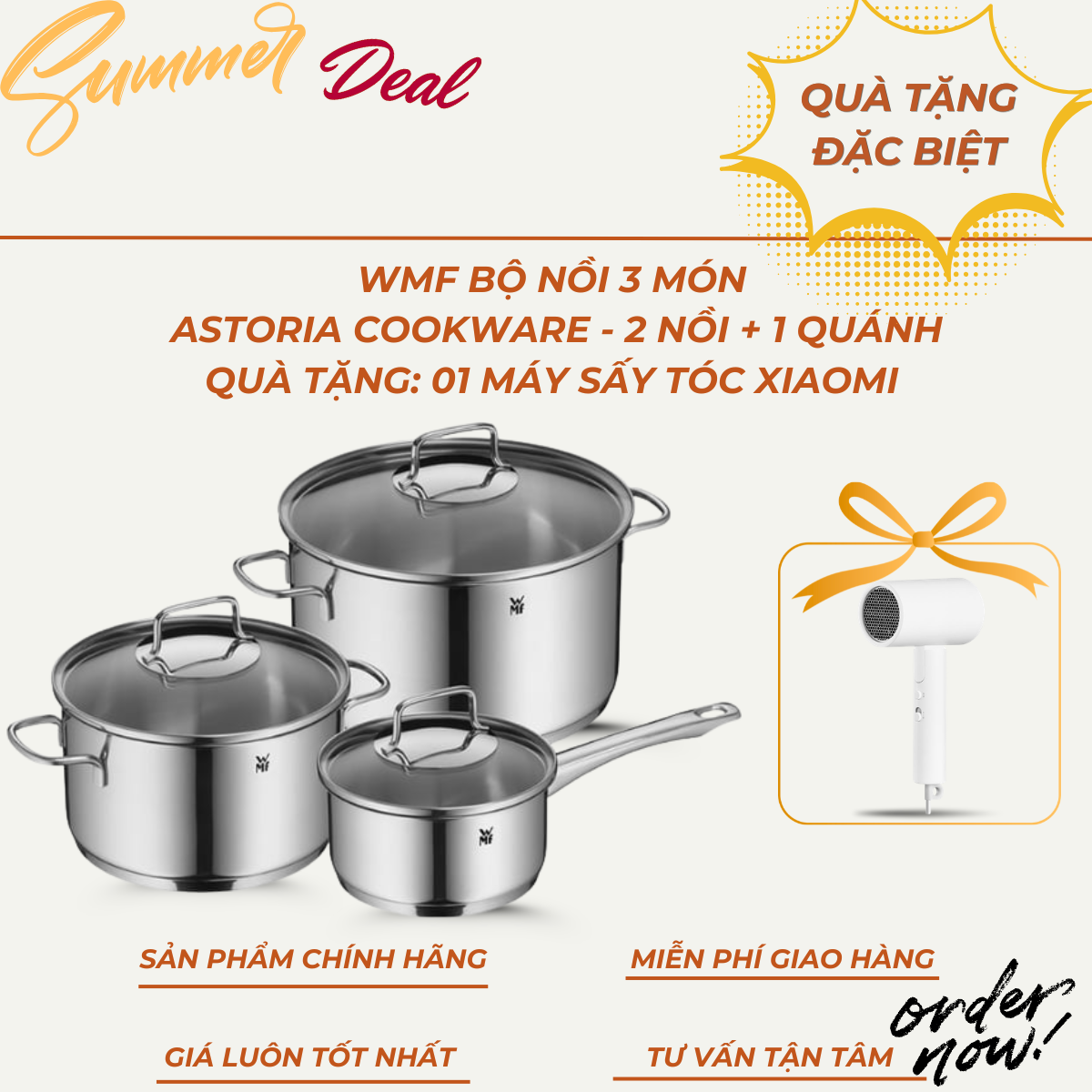WMF Bộ Nồi 3 Món Astoria Cookware - 2 Nồi + 1 Quánh. Quà tặng: Máy sấy tóc Xiaomi