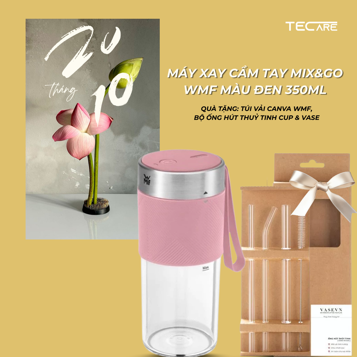 WMF máy xay sinh tố Mix On The Go (đen, hồng, xanh). Quà tặng: 01 túi vải WMF + Bộ ống hút thủy tinh