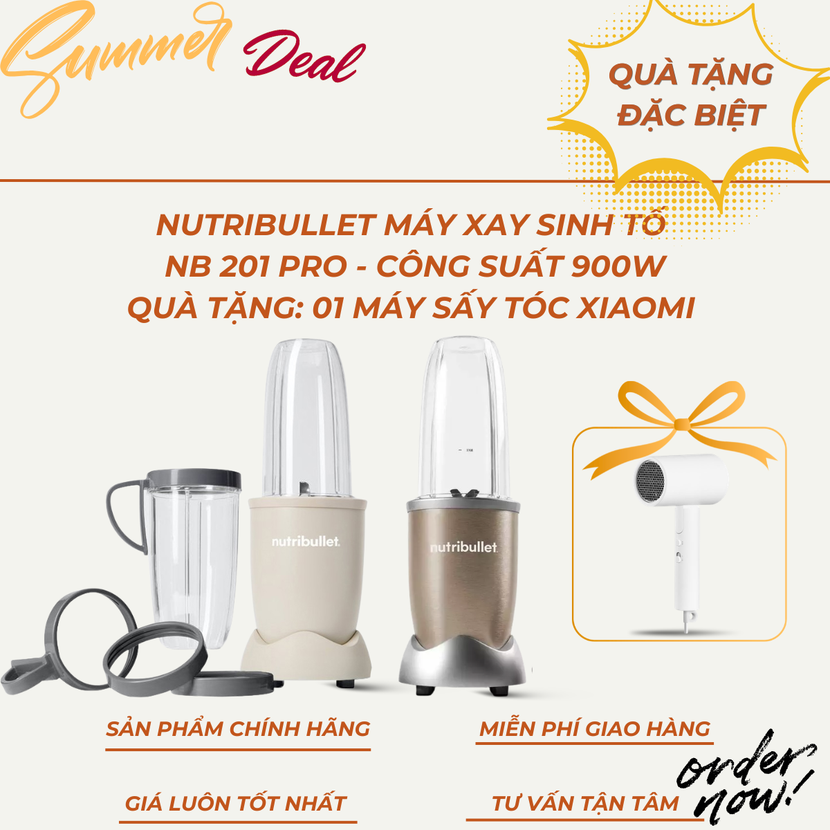 Nutribullet máy xay sinh tố NB 201 Pro - Công suất 900W. Quà tặng: Máy sấy tóc Xiaomi