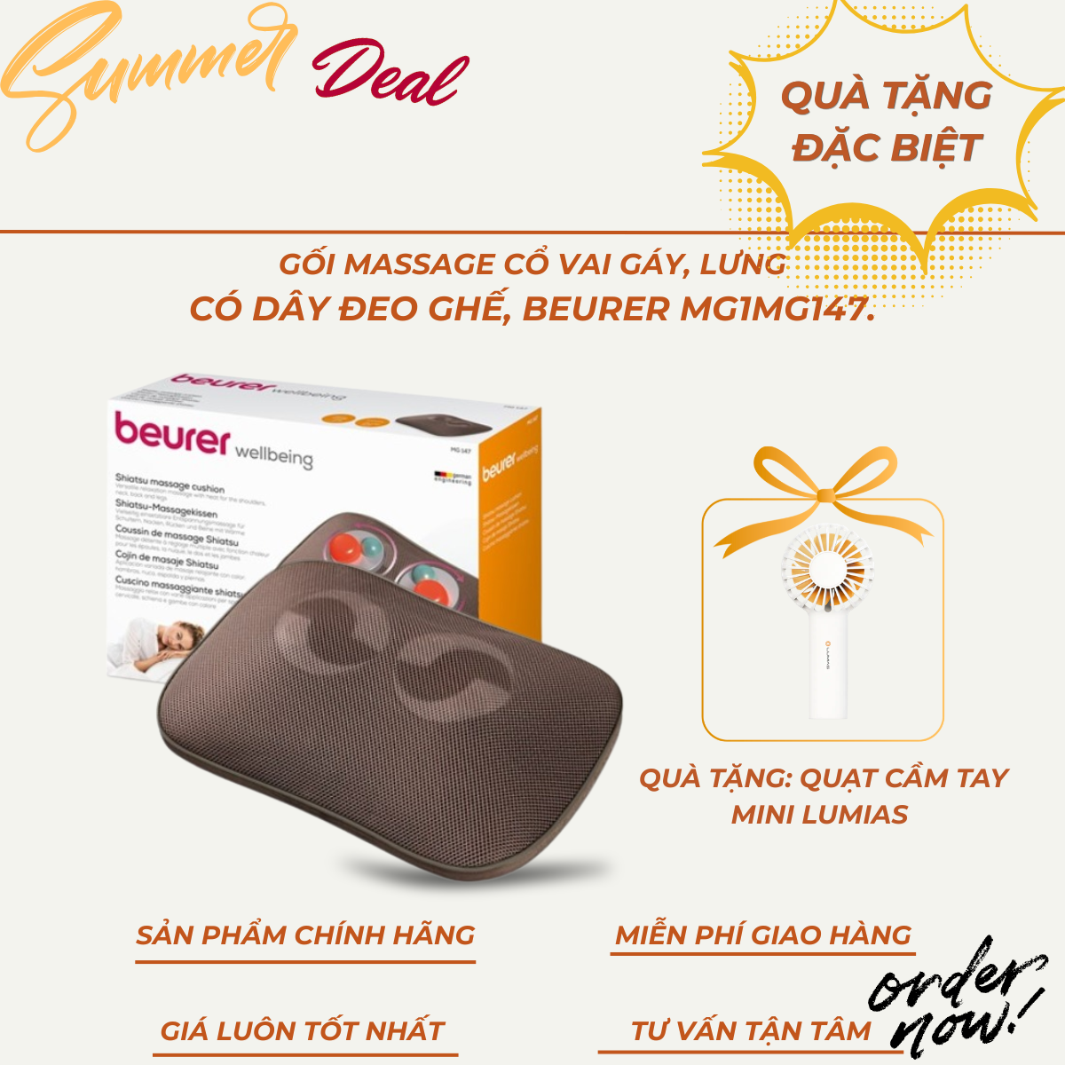 Beurer gối massage MG147 có điều khiển - công suất 12W. Quà tặng: Quạt điện cầm tay mini Lumias