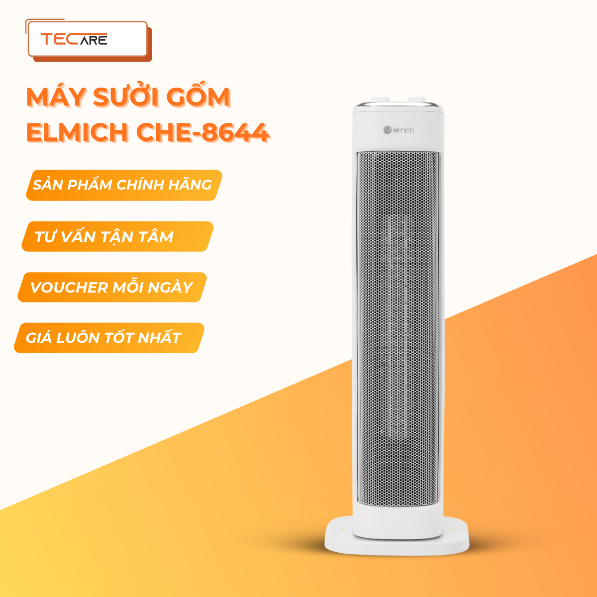 Elmich Máy sưởi gốm CHE-8644 công suất 2000W, làm ấm nhanh, xoay 60°, tự ngắt an toàn, không khô da