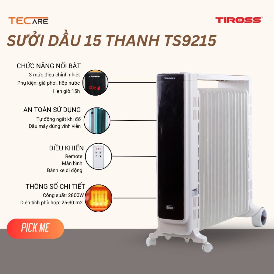Sưởi dầu 15 thanh Tiross TS9215