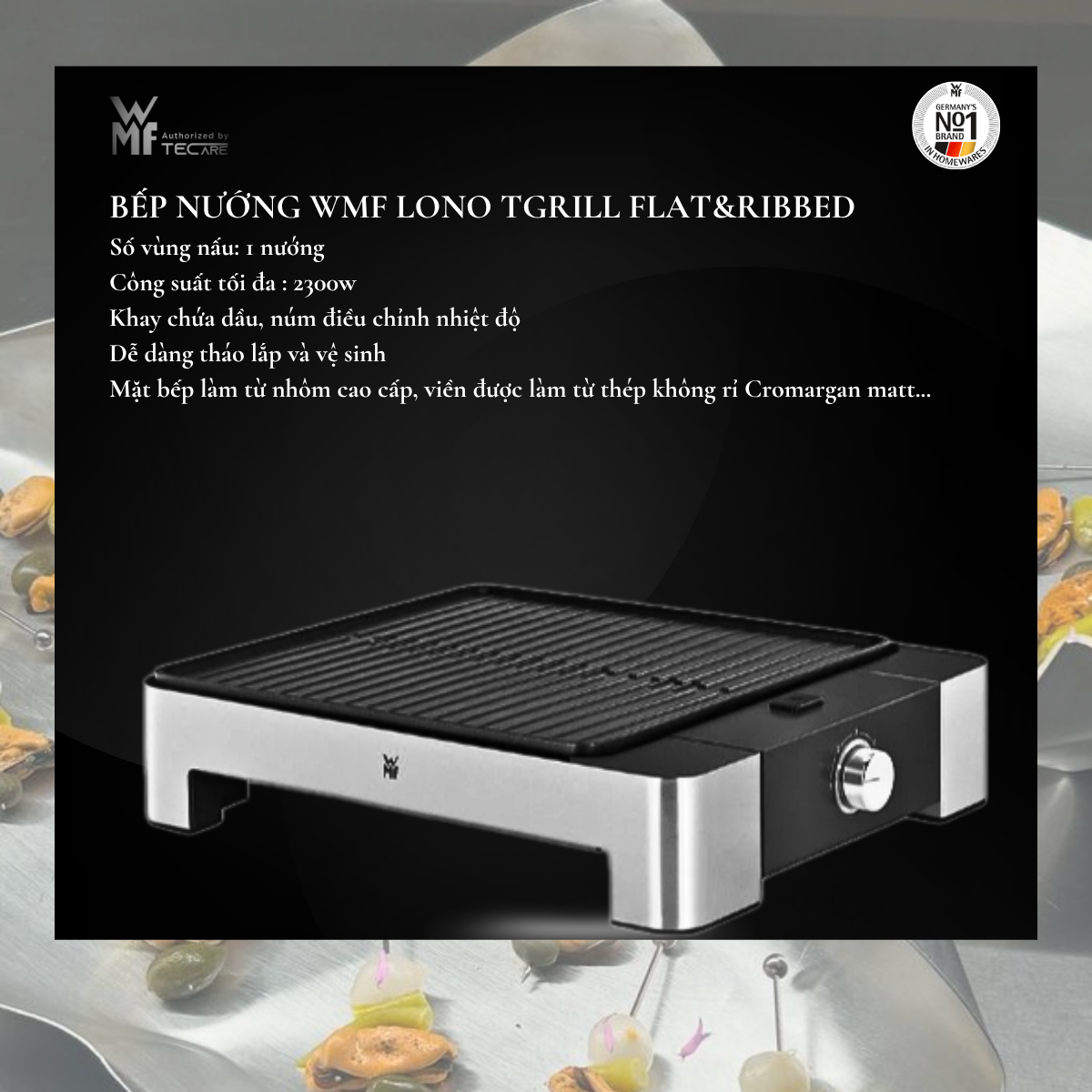 WMF bếp nướng Lono TGrill Flat-Ribbed, thép không gỉ Crormargan - công suất 2100W