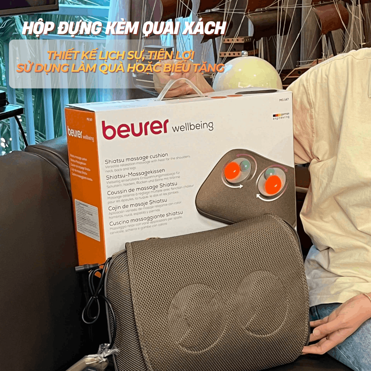 Beurer gối massage MG147 có điều khiển - công suất 12W. Quà tặng: Quạt điện cầm tay mini Lumias