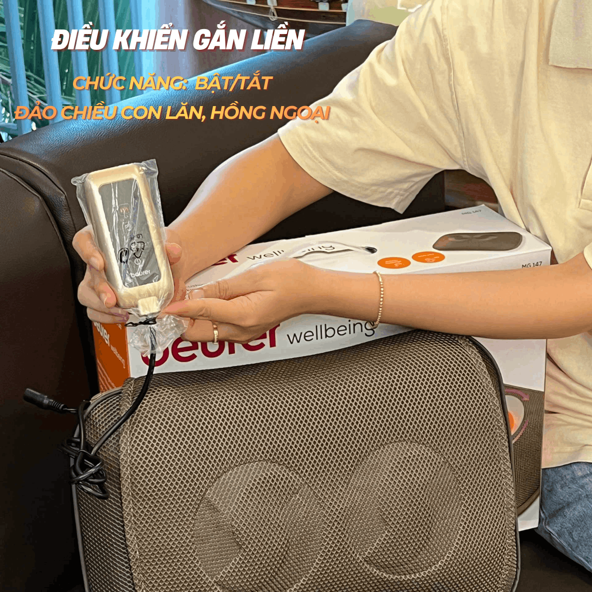 Beurer gối massage MG147 có điều khiển - công suất 12W. Quà tặng: Quạt điện cầm tay mini Lumias