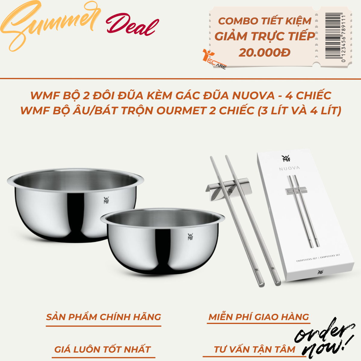 [COMBO MÙA HÈ] Set 2 Tô Trộn Gourmet + Bộ 2 Đôi Đũa WMF Thép Không Gỉ