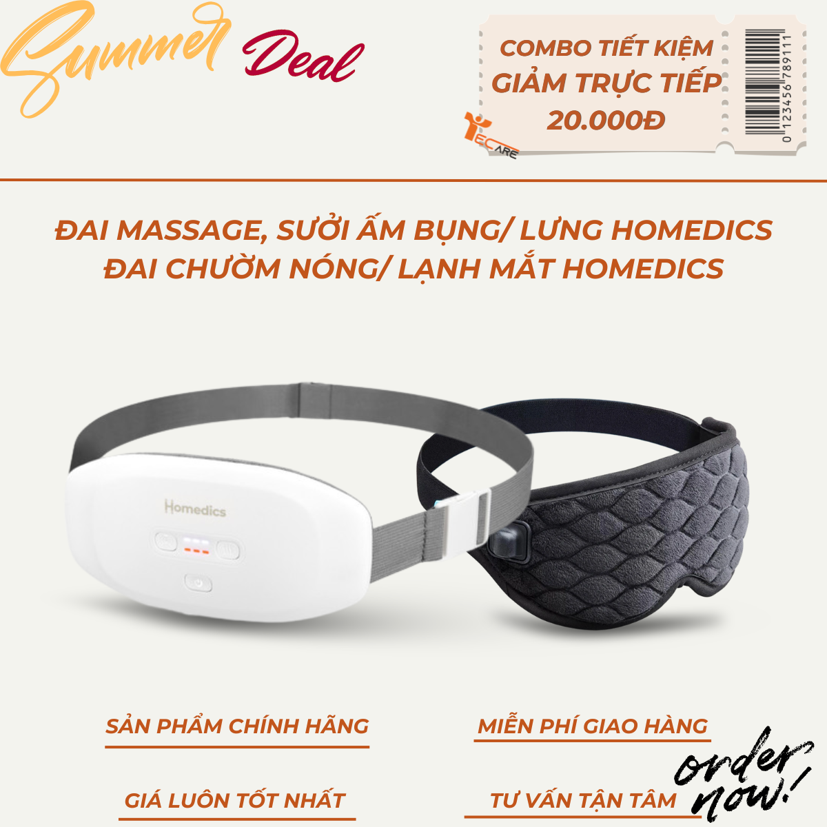 [COMBO MÙA HÈ] Đai massage chườm nóng bụng + Đai massage chườm nóng mắt Homedics