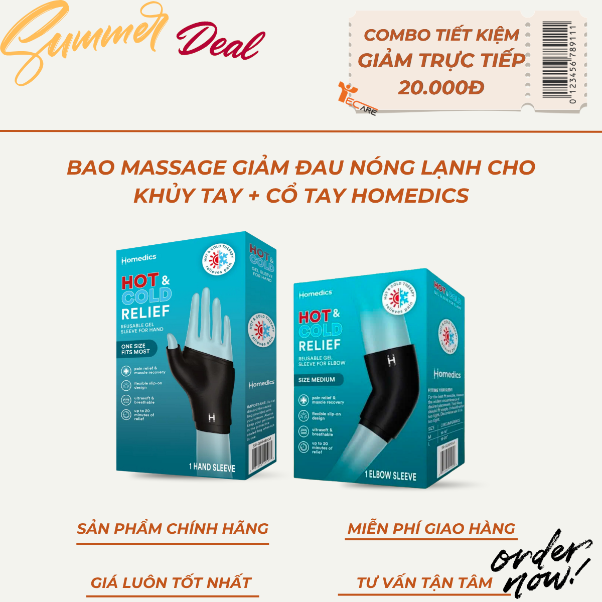 [COMBO MÙA HÈ] 2 Bao Massage Gel Giảm Đau Nóng Lạnh Homedics Cổ Tay + Khuỷu Tay