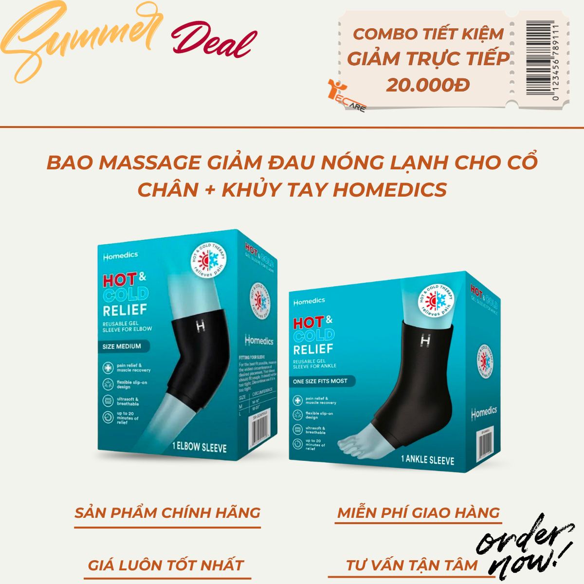 [COMBO] MÙA HÈ 2 Bao Massage Gel Giảm Đau Nóng Lạnh Homedics Khuỷu Tay + Cổ Chân