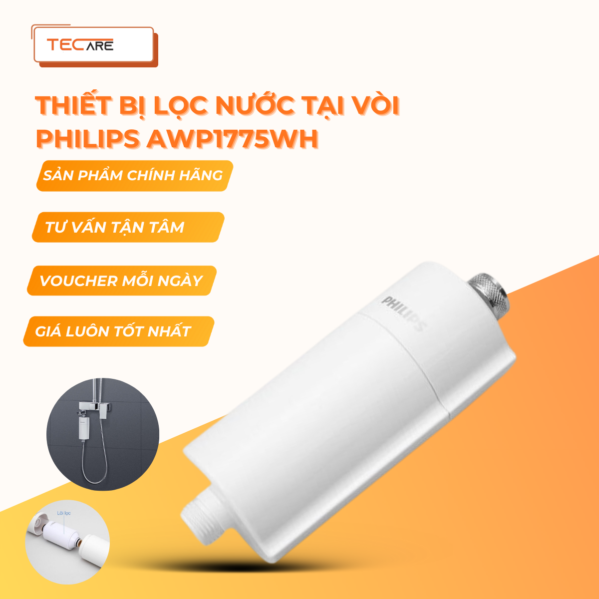 Philips lọc nước đầu vòi hoa sen, lavabo AWP1775WH