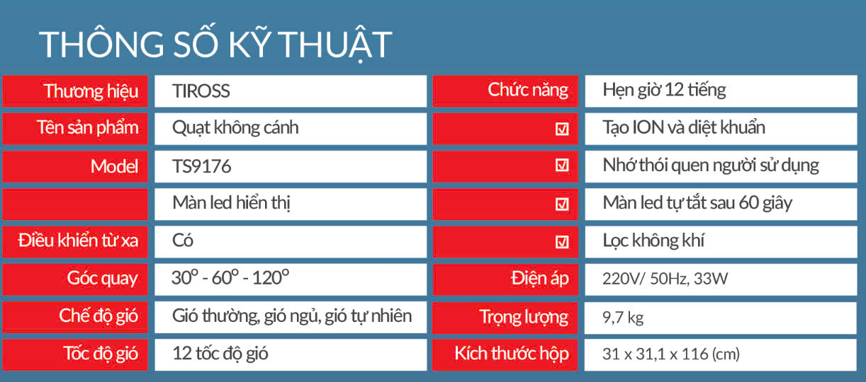 Quạt tháp lọc không khí, tạo ion Tiross TS9176