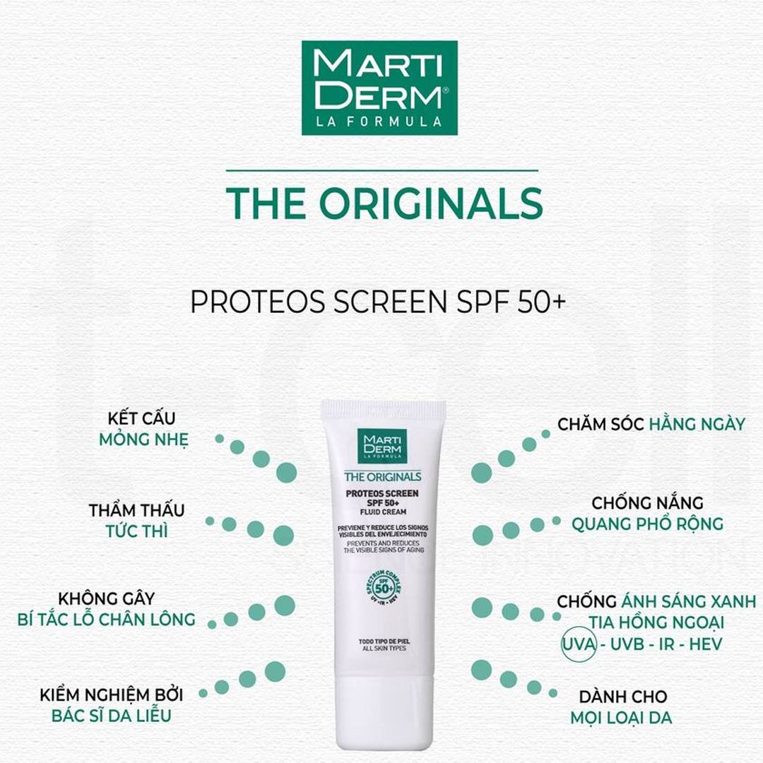 Kem chống nắng ngừa nắng MartiDerm The Originals Proteos Screen SPF50+ Fluid Cream 40ml (Xách tay) (Không tem)