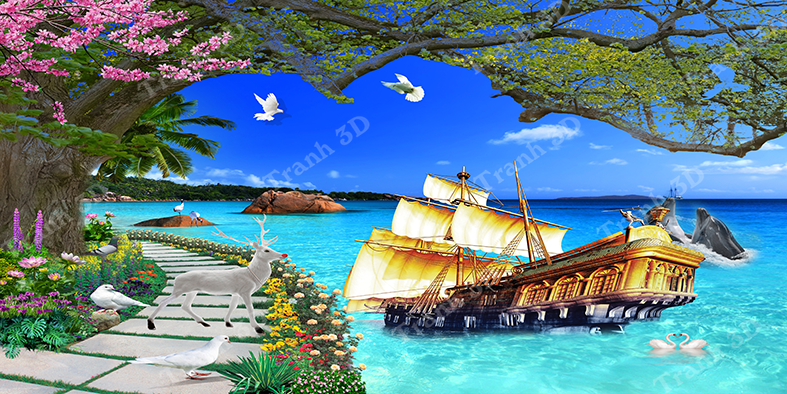 Tranh Thuyền Buồm-Tranh 3D  Dán Hồ Cá - Decal Dán Hồ- Cá Cảnh Thiên Phước