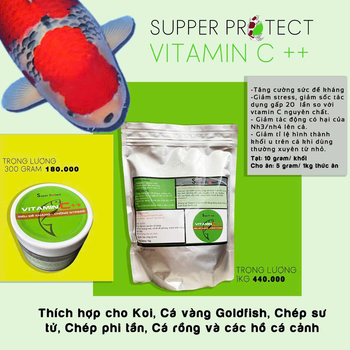 Supper Protect Vitamin C++ Siêu Đề Kháng Chống Stress Cho Cá Koi- Cá Cảnh Thiên Phước