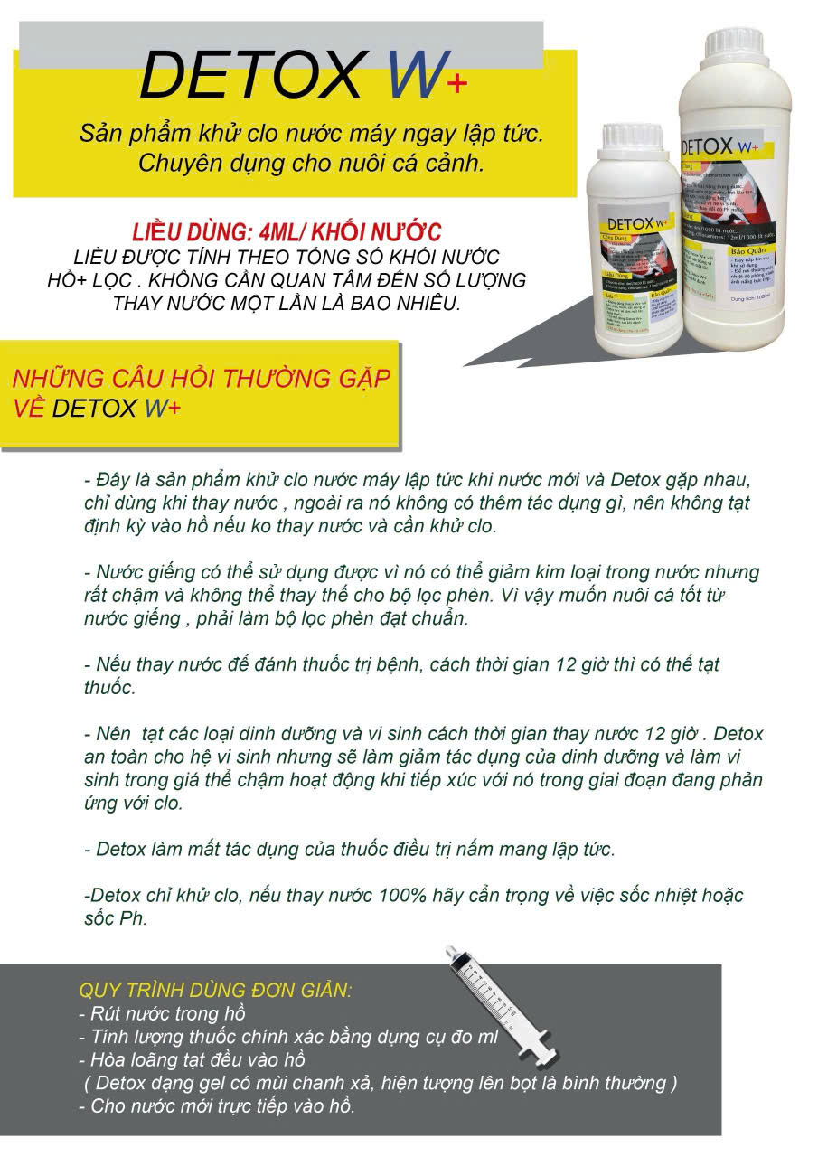 Detox W+ Khử Clo Giảm Kim Loại Nặng Cho Hồ Cá Koi 100Ml- Cá Cảnh Thiên Phước