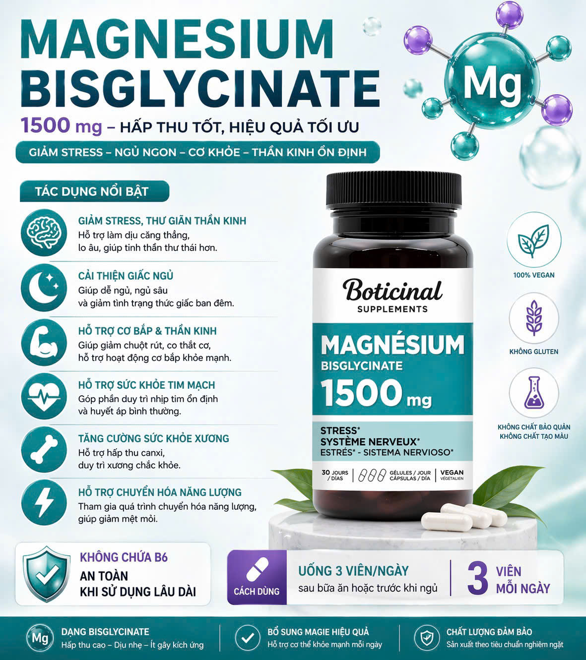 Magnesium Bisglycinate Boticinal 1500mg – Hỗ trợ ngủ ngon, giảm căng thẳng, hấp thu cao