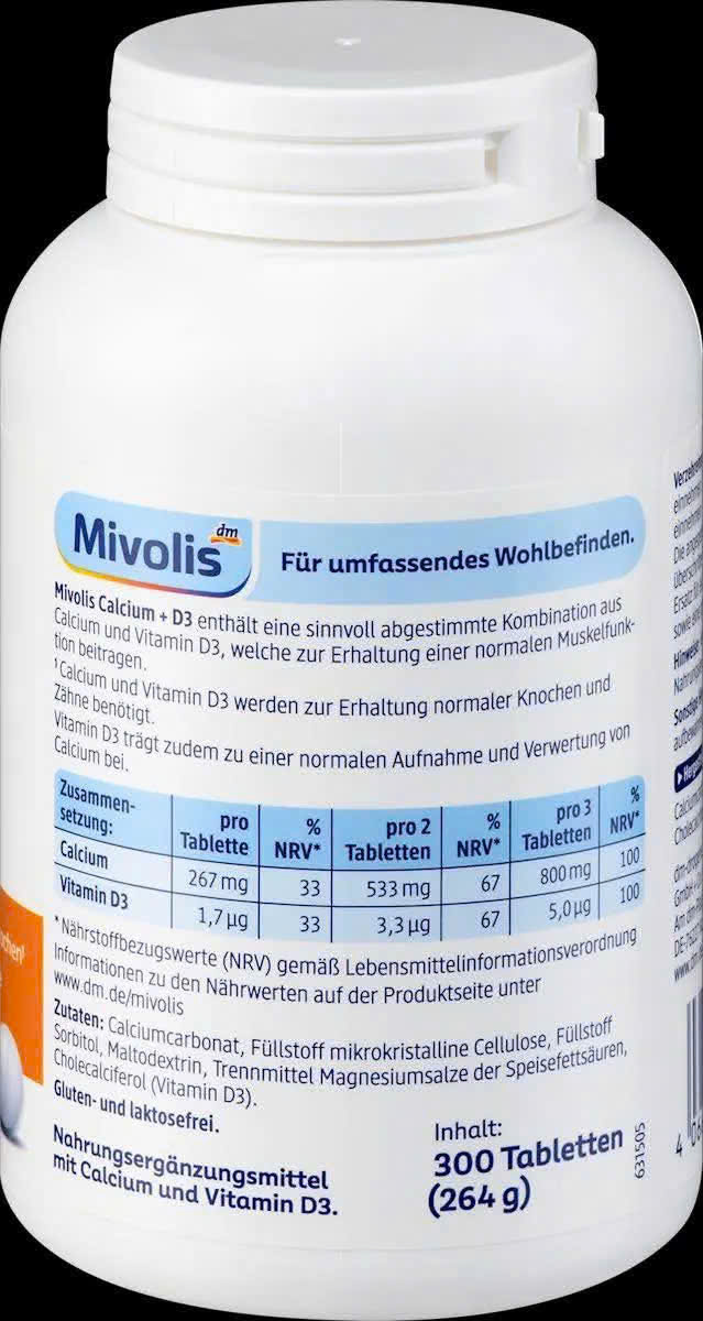Viên uống canxi Mivolis Calcium + D3 300 viên – Hỗ trợ xương chắc khỏe, bổ sung vitamin D3 hấp thu tối ưu