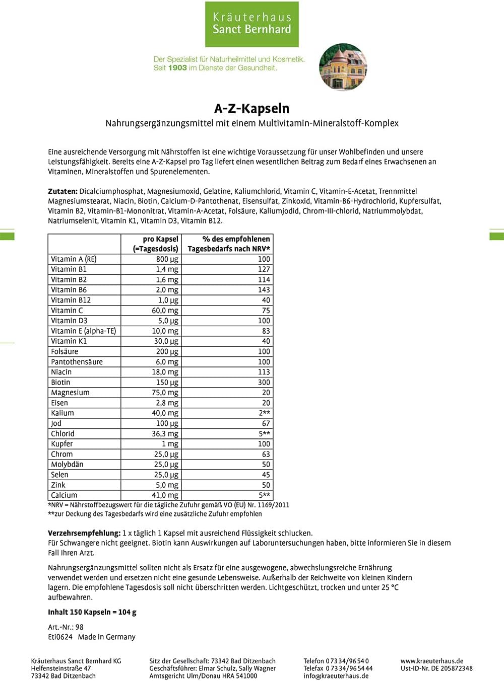 Viên uống tổng hợp A-Z Sanct Bernhard Đức | Bổ sung Vitamin & Khoáng chất