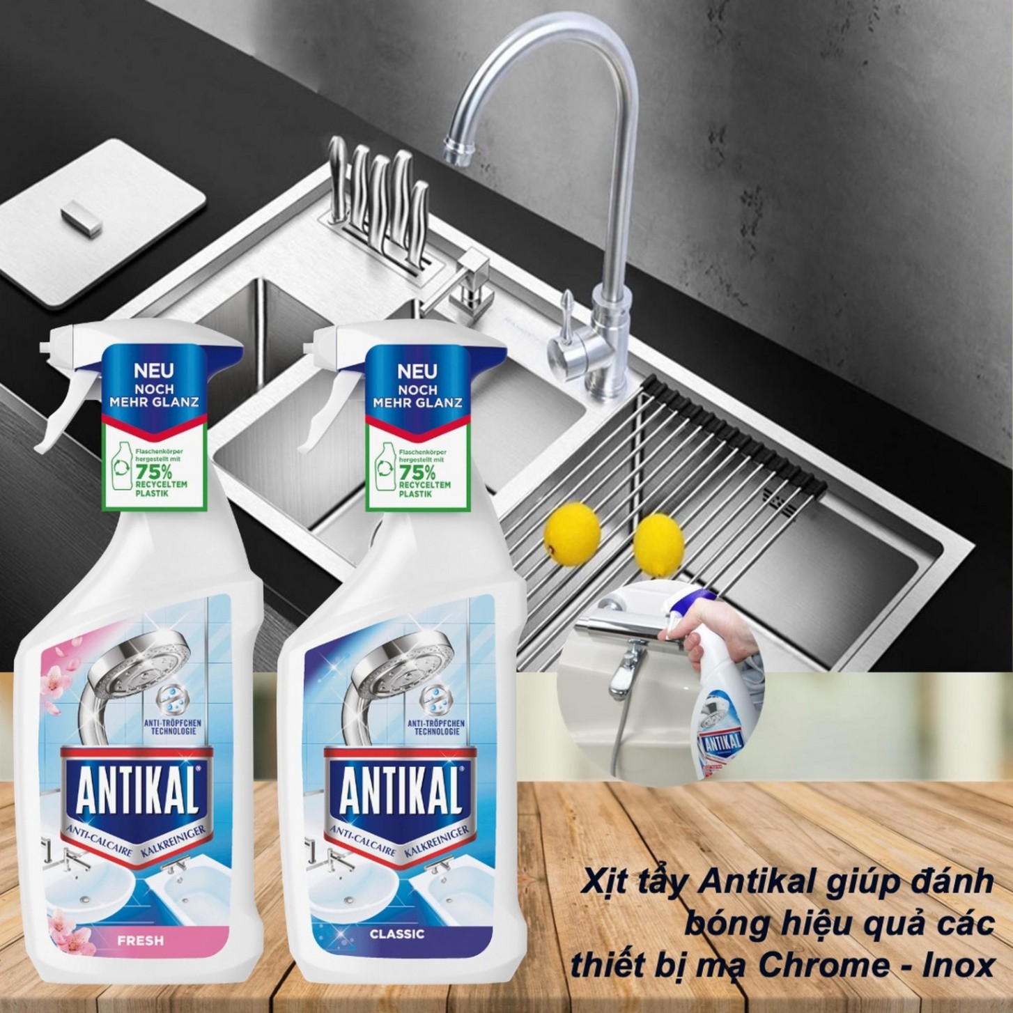 Dung dịch Antikal 750ml – Tẩy cặn canxi, làm sạch kính & inox hiệu quả
