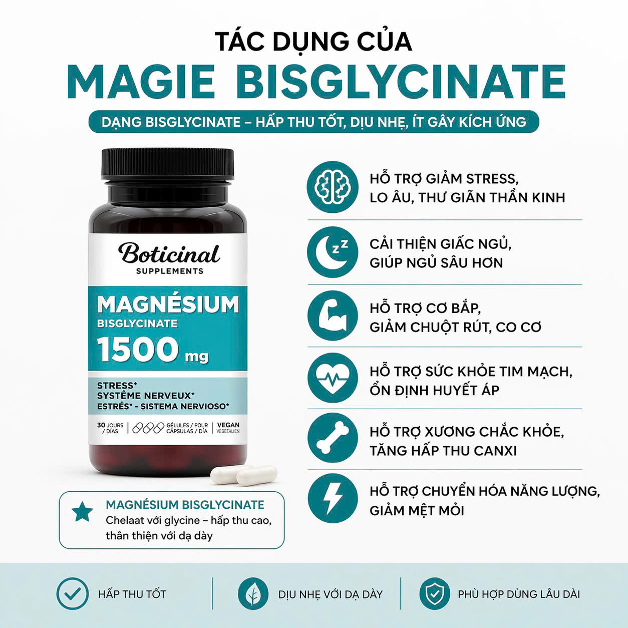Magnesium Bisglycinate Boticinal 1500mg – Hỗ trợ ngủ ngon, giảm căng thẳng, hấp thu cao