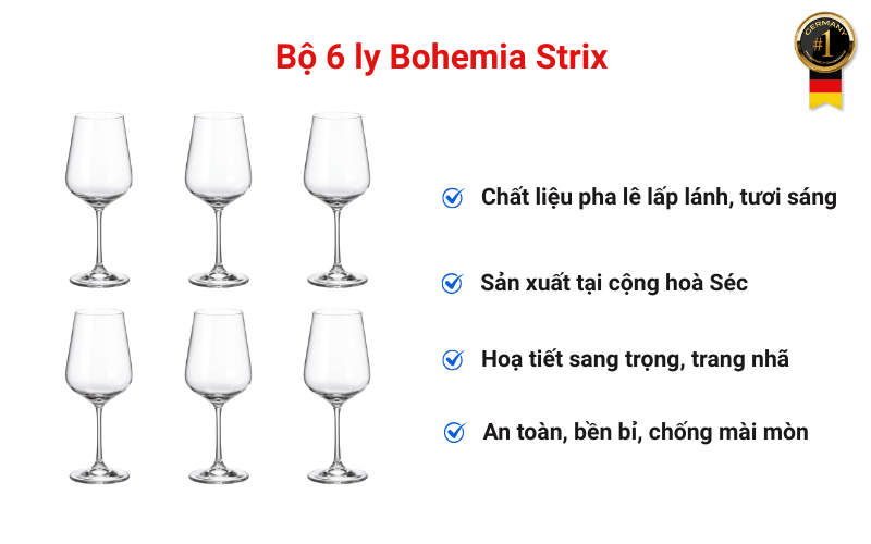 Set 6 Ly Vang Bohemia Strix – Ly Pha Lê Séc Cao Cấp, Sang Trọng