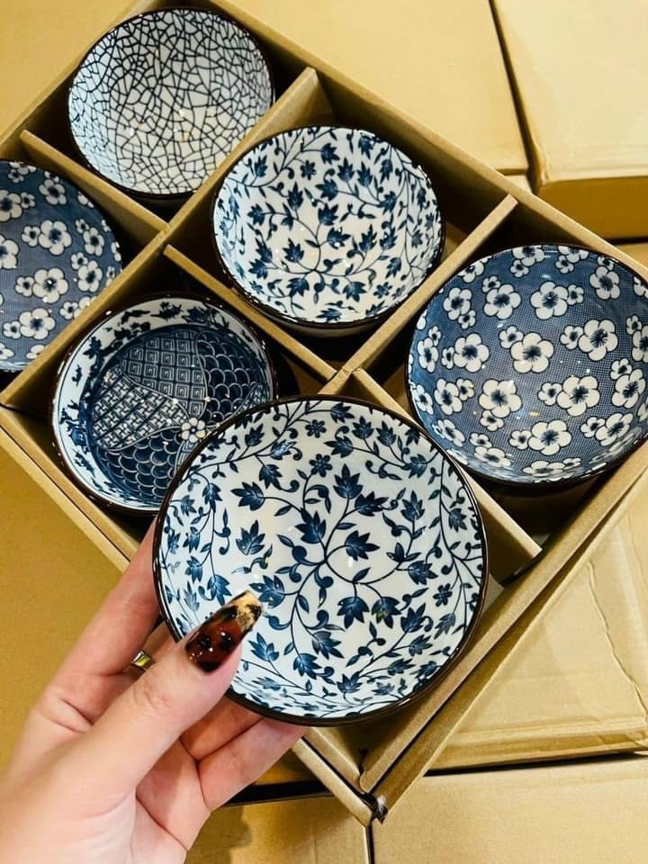 Bộ Bát Sứ Phong Cách Nhật 6 Chiếc - Vân Xanh - Đơn Giản, Tinh Tế, Đậm Chất Nhật