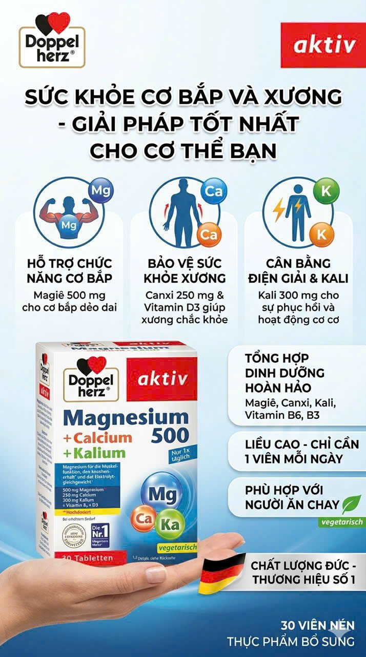 Viên Uống Magnesium 500 + Calcium + Kalium Doppelherz 30 Viên – Bổ Sung Magie, Canxi, Kali Cho Cơ Bắp Và Xương Khớp