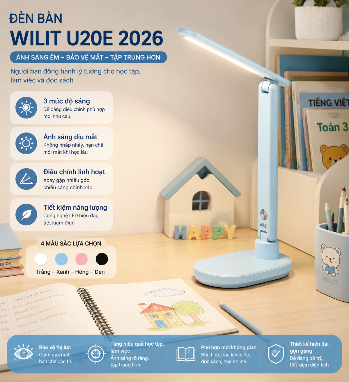 Đèn Bàn WILIT U20E 2026 – Đèn Học Hiện Đại, Thiết Kế Tiện Dụng