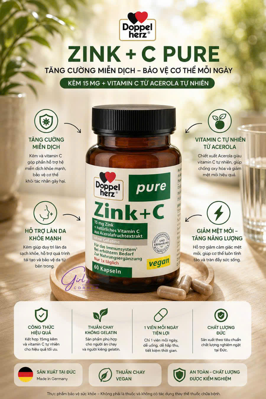 Viên uống zink +C Vegan doppelherz 60 viên - Kẽm 15mg + vitamin C thuần chay