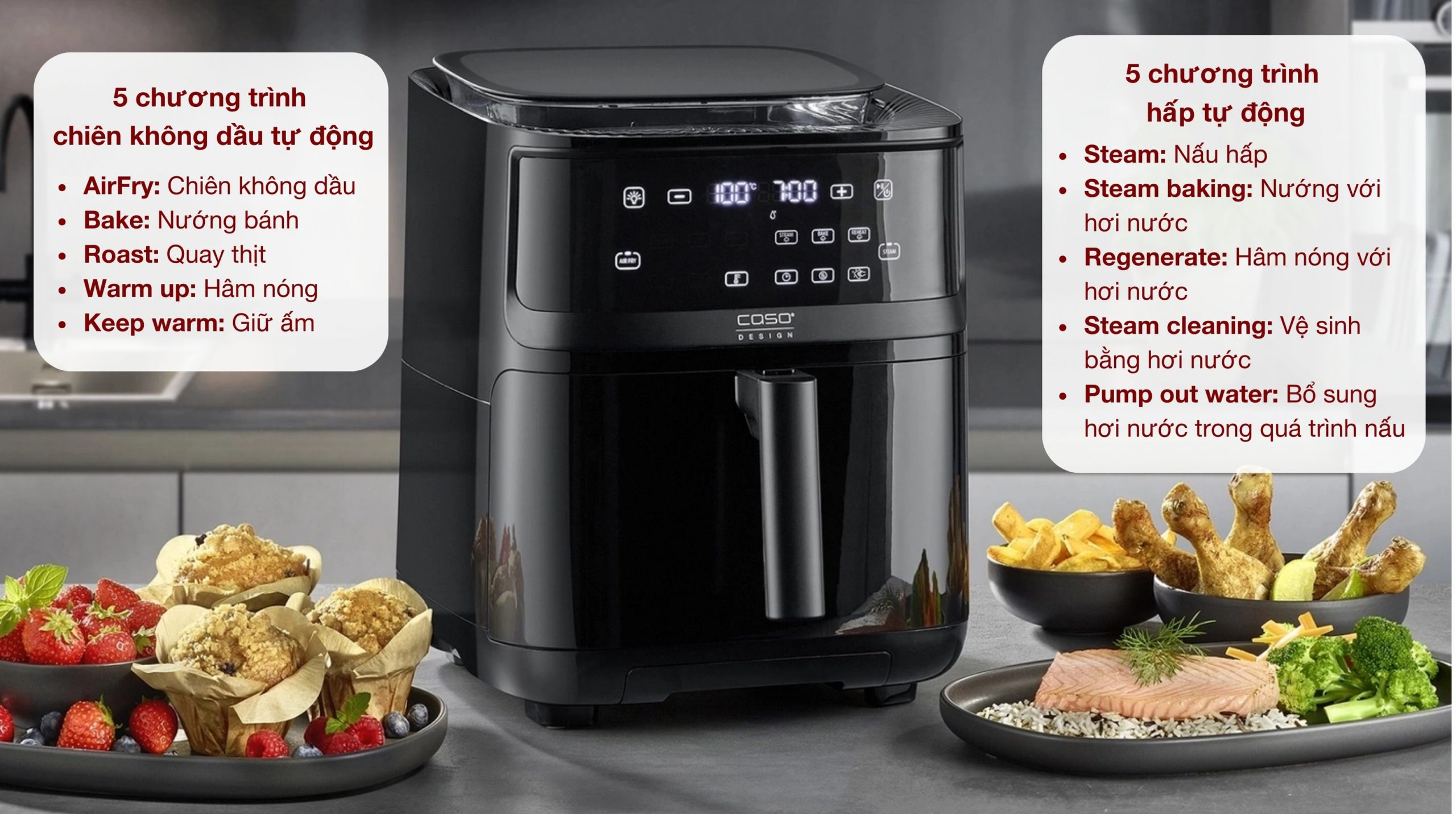 Nồi Chiên Không Dầu Kiêm Hấp Caso AirFry & Steam 700 – Công Nghệ 3 Trong 1  - Hàng Đức chính hãng