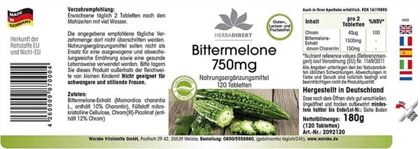 Viên uống giảm cân Warnke Bittermelone 750mg chiết xuất từ mướp đắng - 120 viên