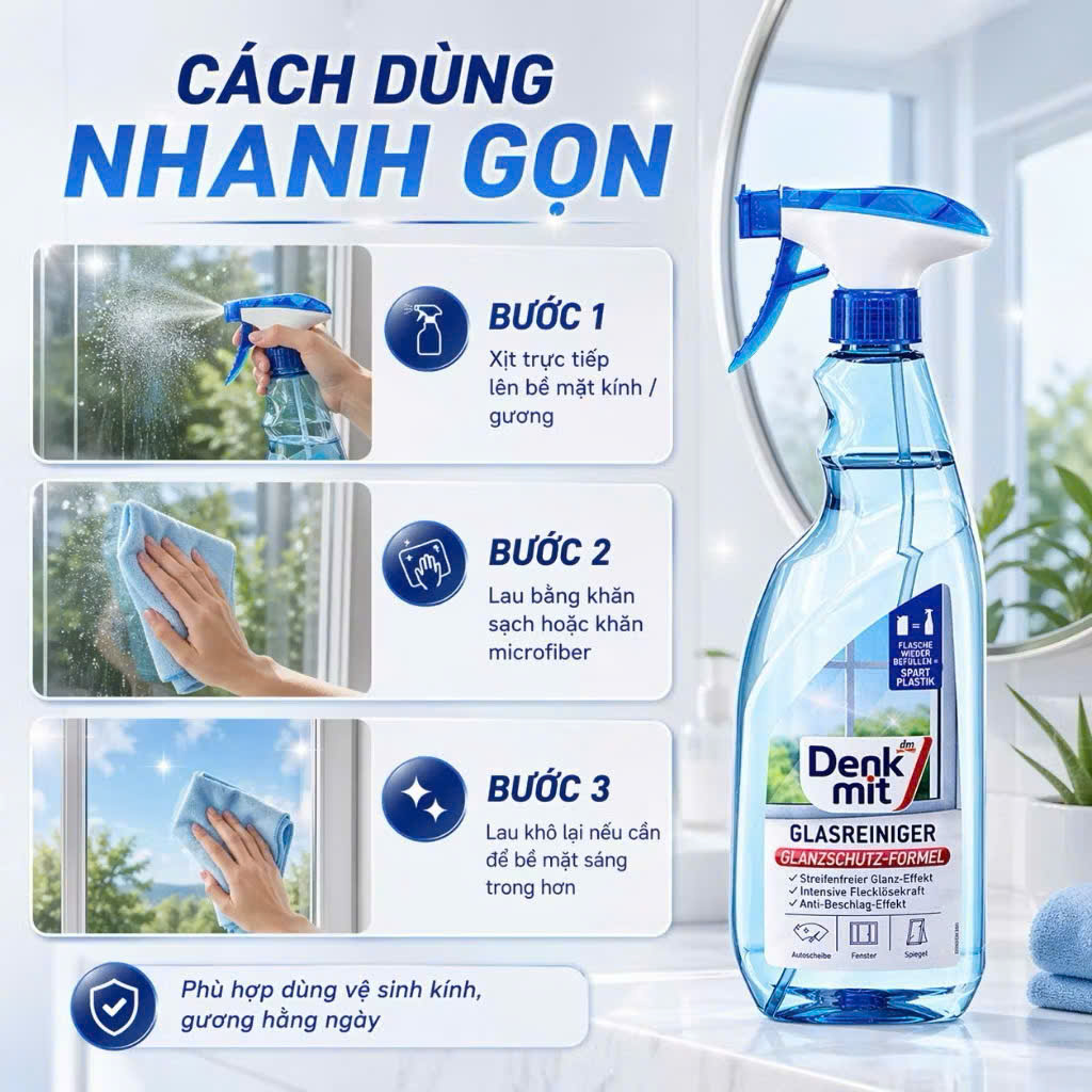 Denkmit Glasreiniger – Nước lau kính Đức giúp kính sạch bóng, trong veo