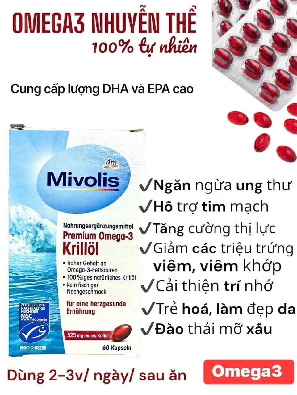 Viên Uống Omega-3 Nhuyễn Thể Mivolis Premium Omega-3 Krill Oil – Bí Quyết Bảo Vệ Tim Mạch & Não Bộ Từ Tự Nhiên