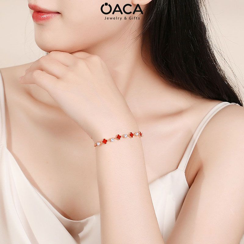  Lắc tay cỏ bốn lá Bạc mạ Vàng Hồng đá Mã Não đỏ