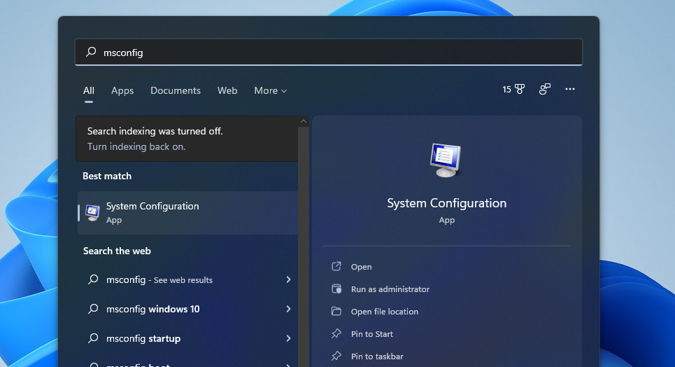 cách mở msconfig bằng ô tìm kiếm windows