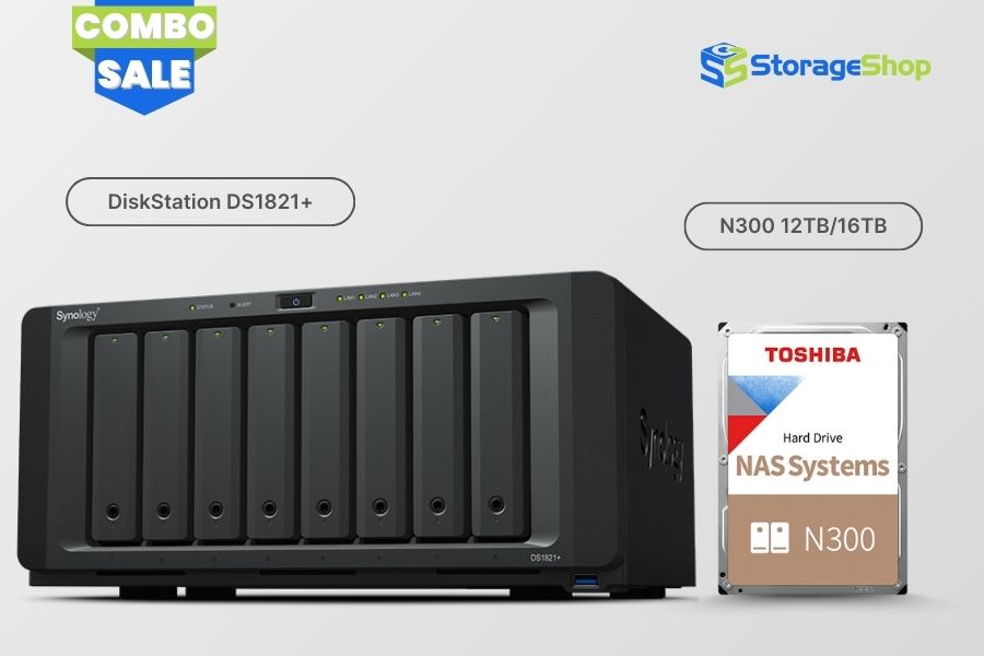 combo nas synology diskstation ds1821+ kèm ổ cứng toshiba n300 12tb/16tb