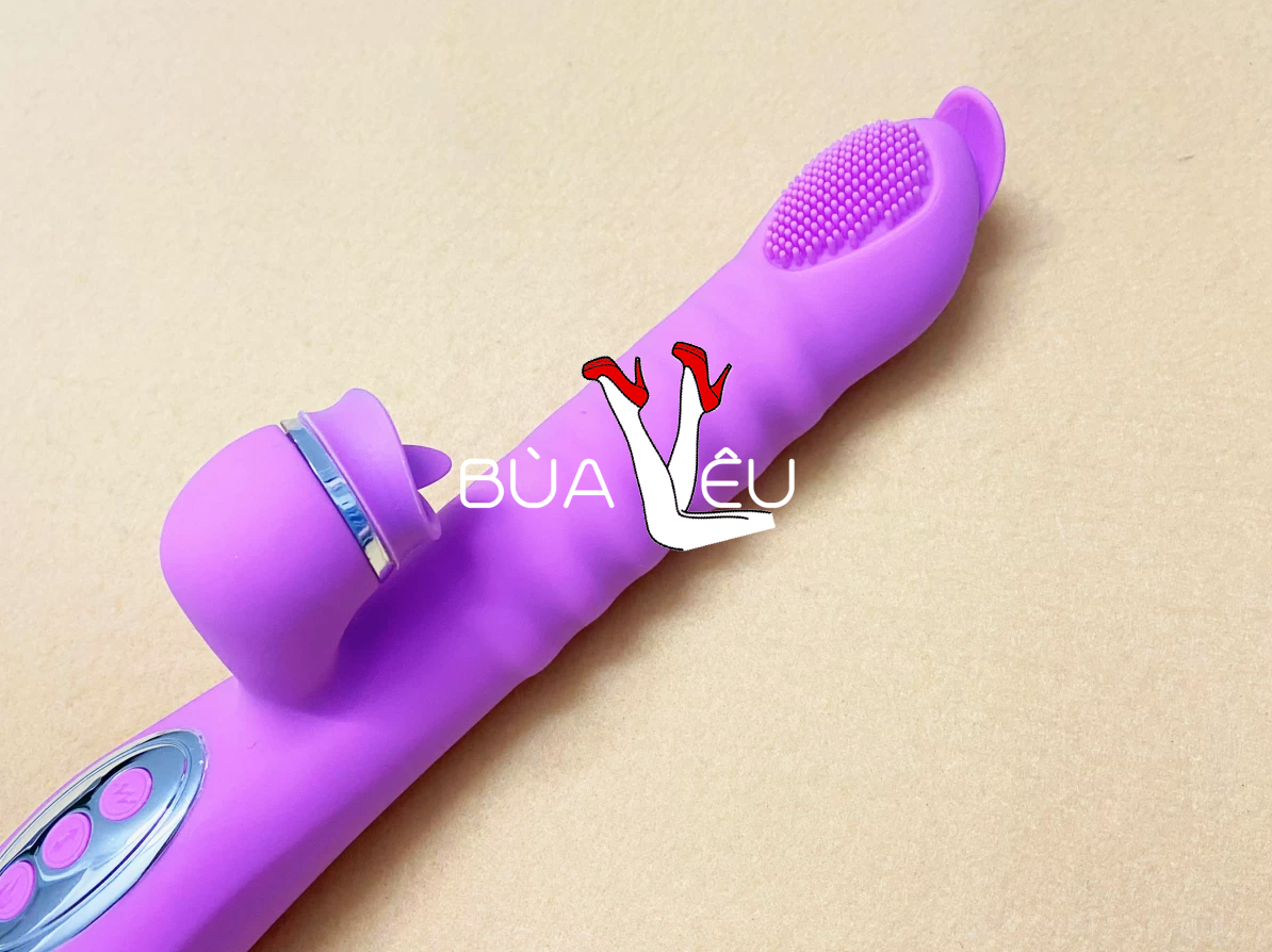 Dương vật giả lưỡi 2 đầu Telescopic liếm, rung, thụt pin sạc, ấm nóng