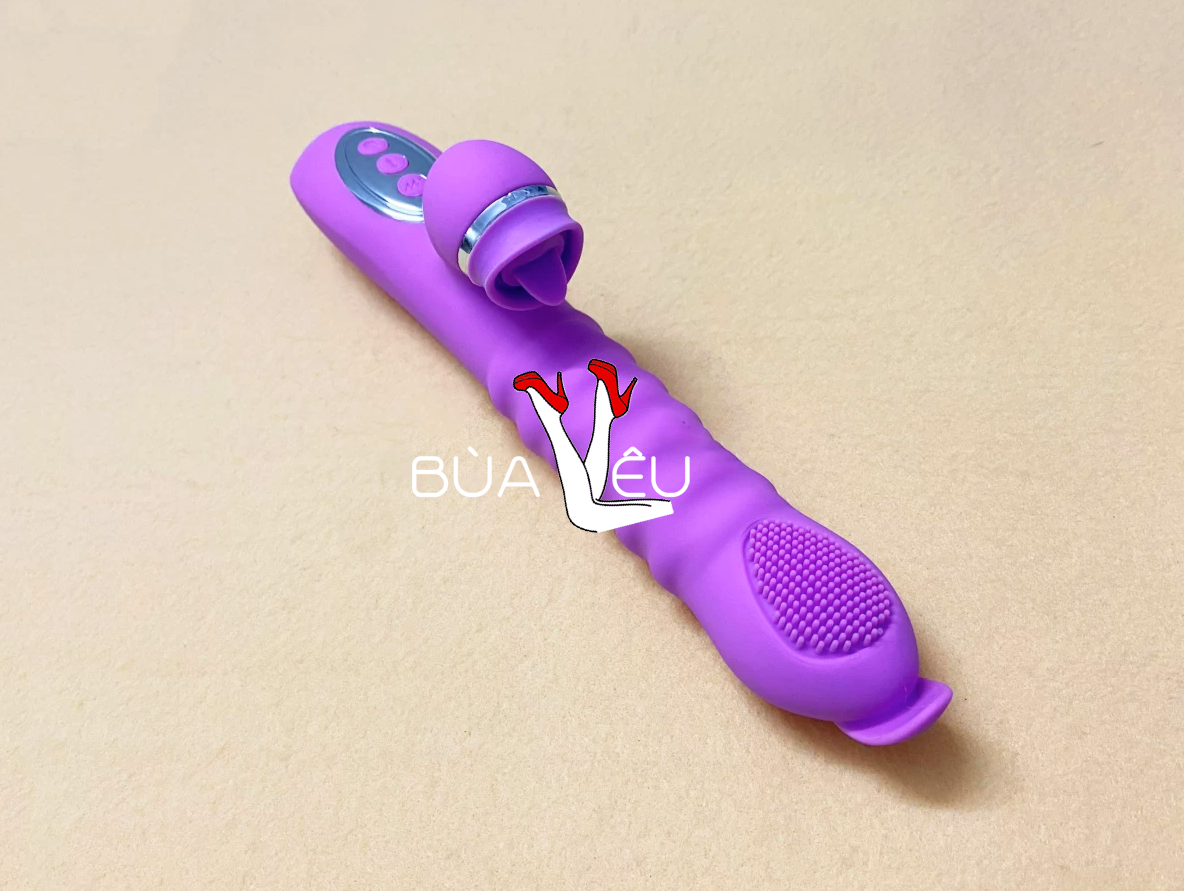Dương vật giả lưỡi 2 đầu Telescopic liếm, rung, thụt pin sạc, ấm nóng