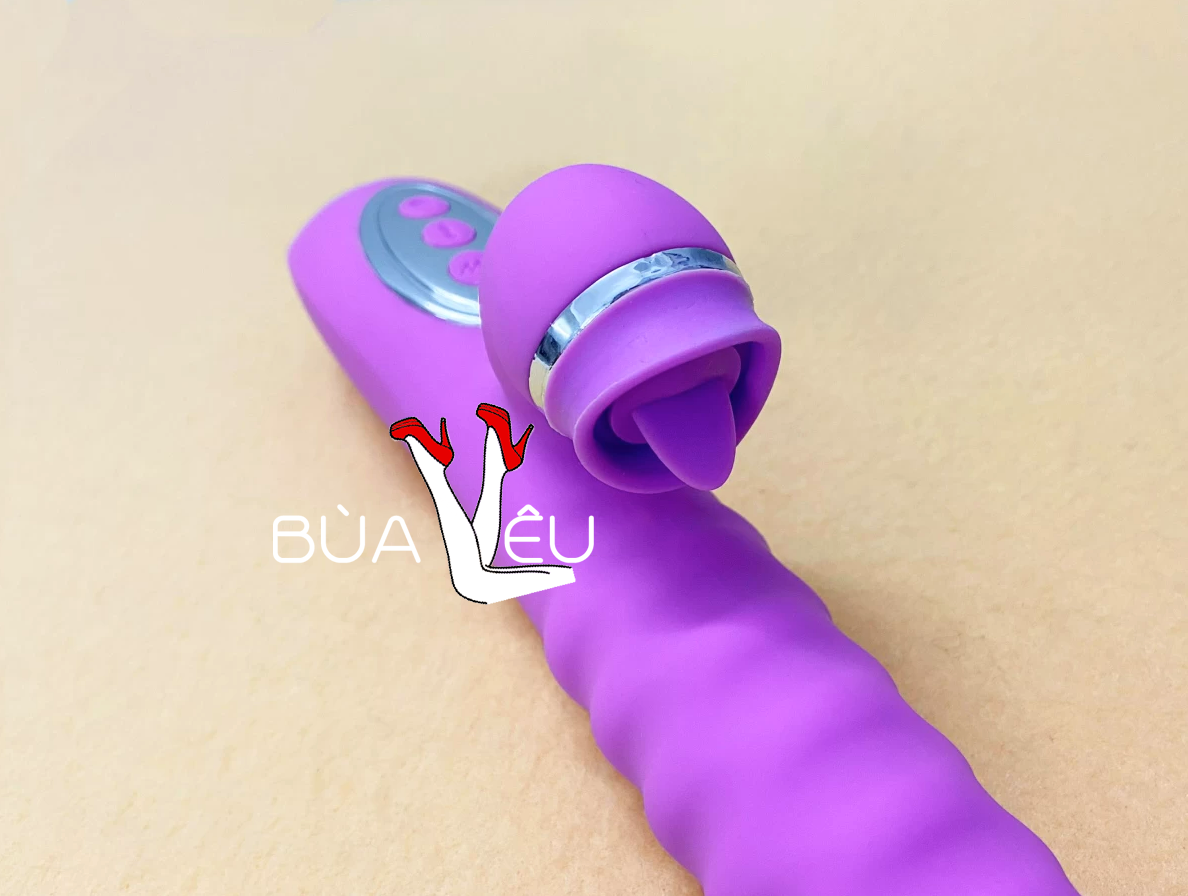 Dương vật giả lưỡi 2 đầu Telescopic liếm, rung, thụt pin sạc, ấm nóng