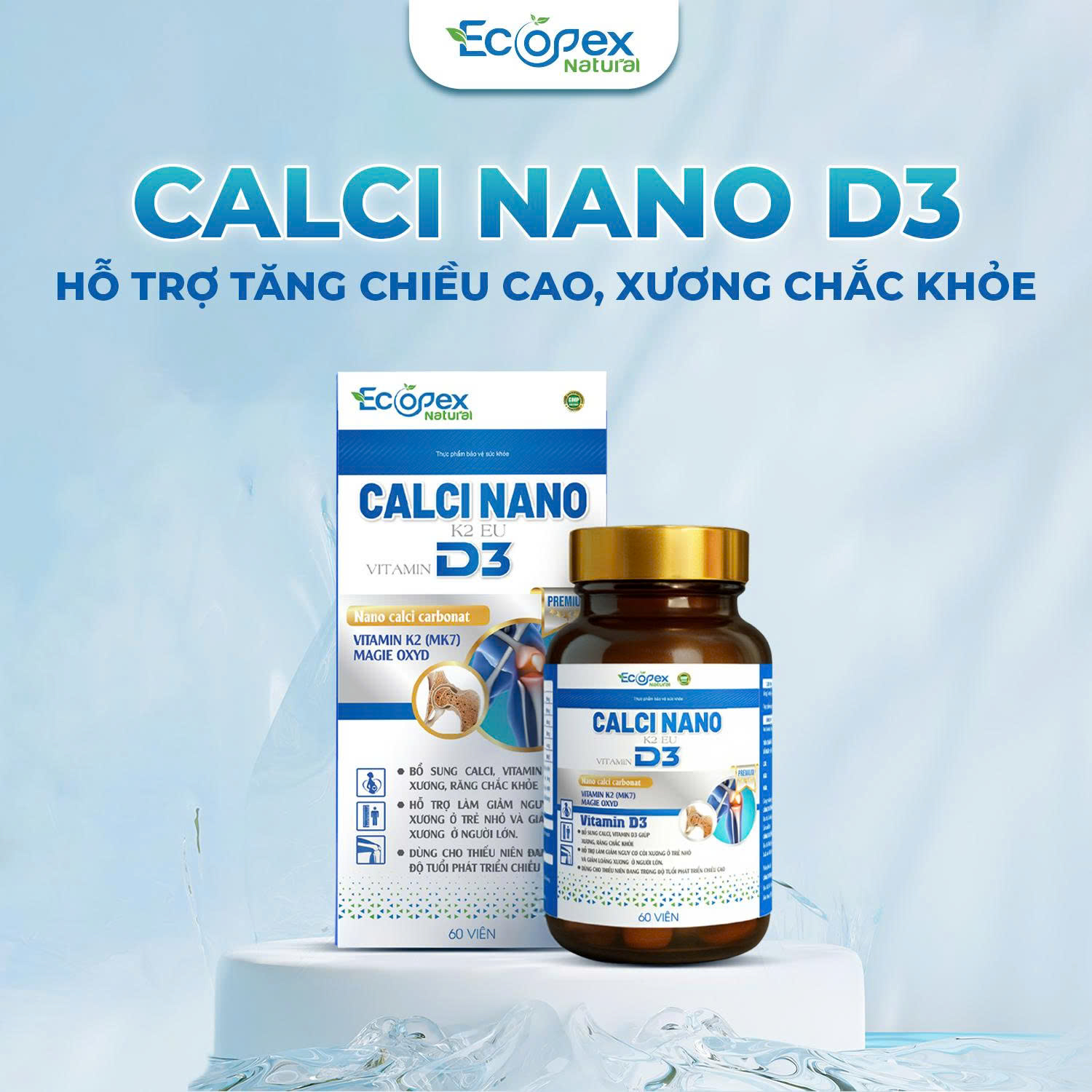 [3 HỘP TẶNG 1] CANXI NANO D3 - Viên Uống Bổ Sung Canxi, Hỗ Trợ Tăng Chiều Cao, Giúp Xương Chắc Khỏe - Hộp 60 Viên