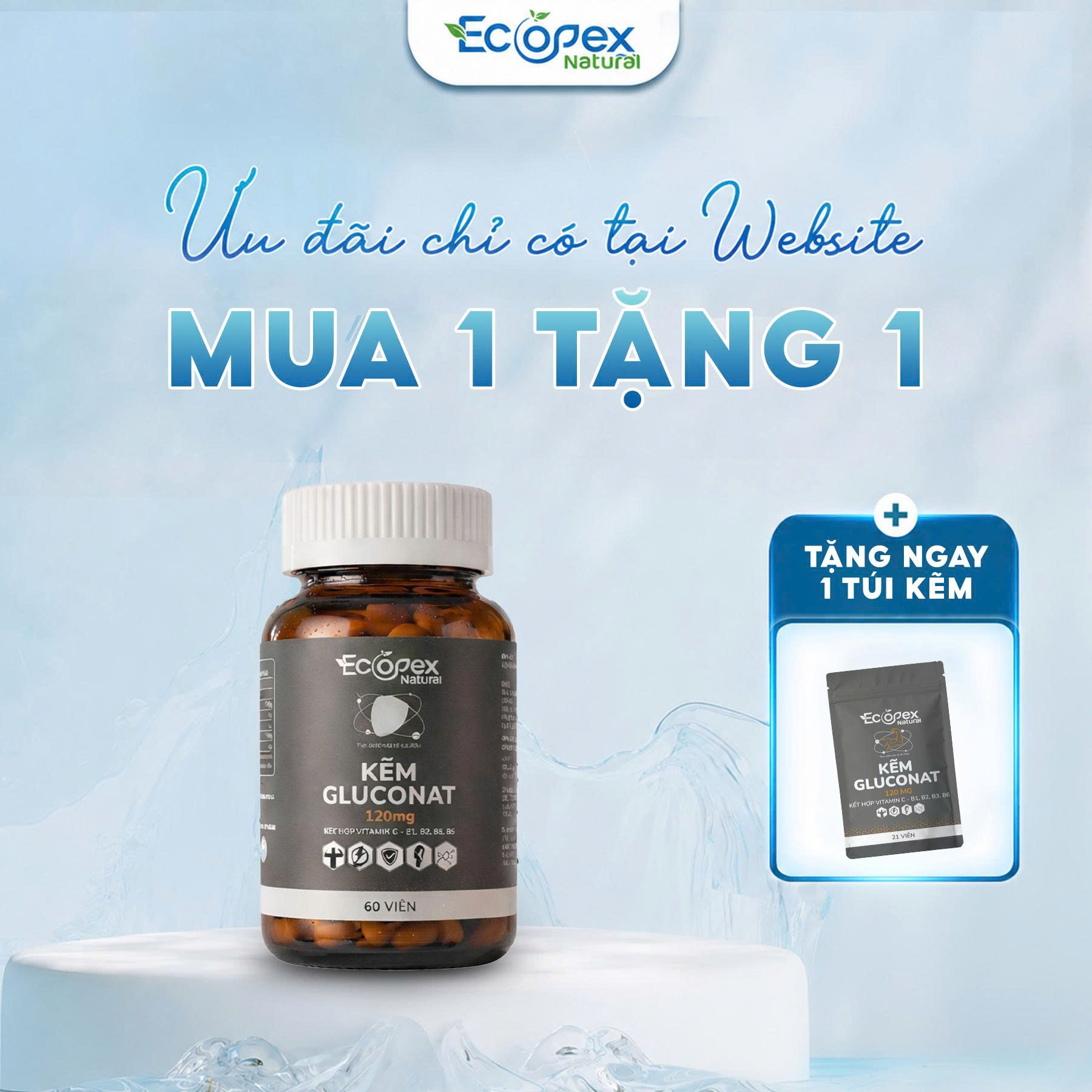 [1 HỘP TẶNG 1 TÚI] Kẽm Gluconat + Vitamin - Viên Uống Bổ Sung Kẽm Và Vitamin - Hộp 60 Viên