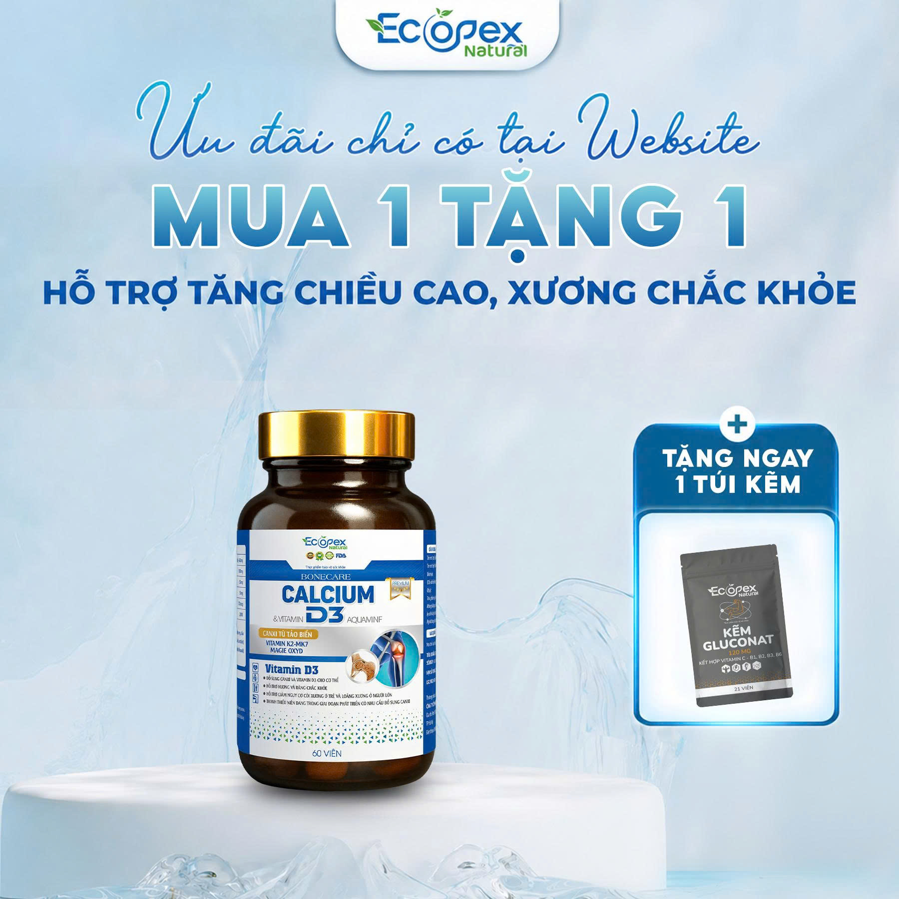 [1 HỘP TẶNG 1 TÚI KẼM] Calcium D3 - Viên Uống Bổ Sung Canxi, Vitamin D3 Và K2 - Hộp 60 Viên
