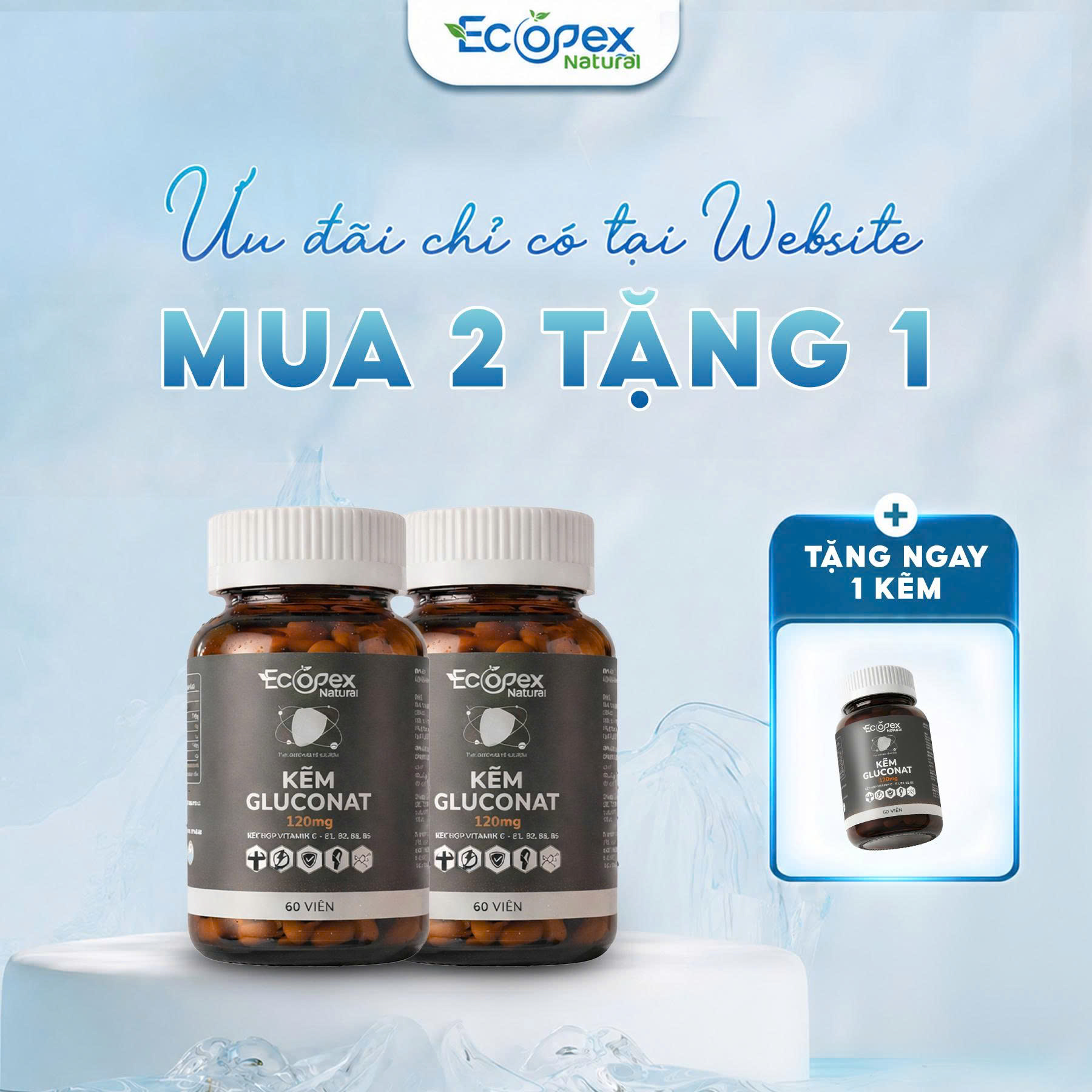 [2 HỘP TẶNG 1 HỘP] Kẽm Gluconat + Vitamin - Viên Uống Bổ Sung Kẽm Và Vitamin - Hộp 60 Viên