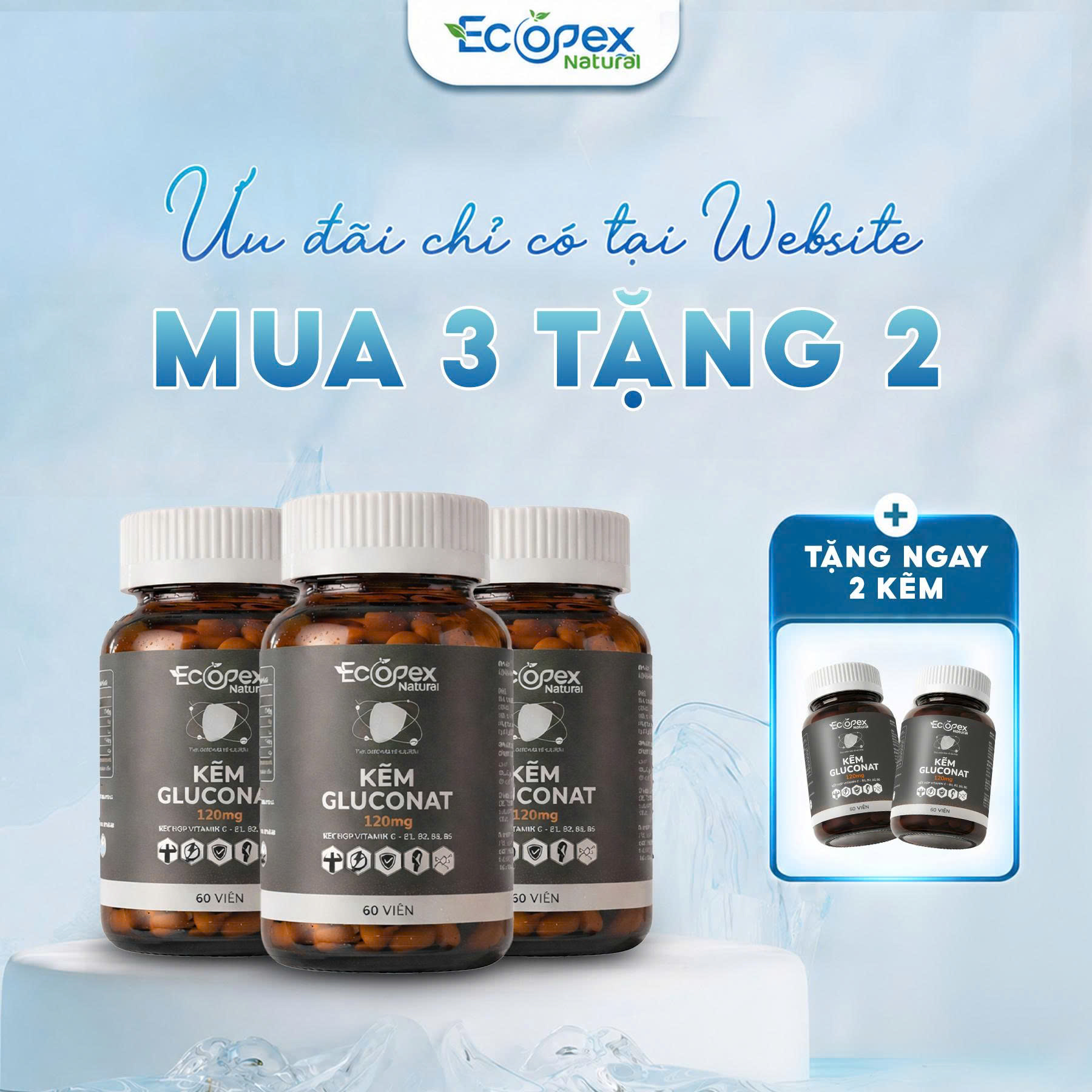 [3 HỘP TẶNG 2 HỘP] Kẽm Gluconat + Vitamin - Viên Uống Bổ Sung Kẽm Và Vitamin - Hộp 60 Viên