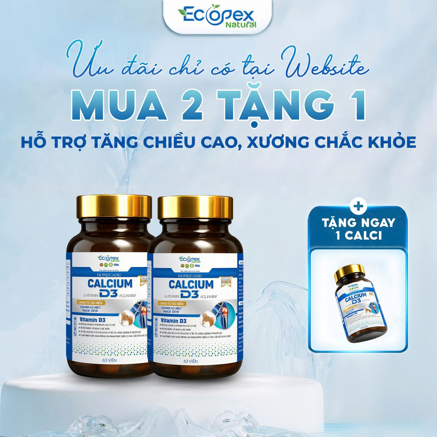 [2 HỘP TẶNG 1 HỘP] Calcium D3 - Viên Uống Bổ Sung Canxi, Vitamin D3 Và K2 - Hộp 60 Viên